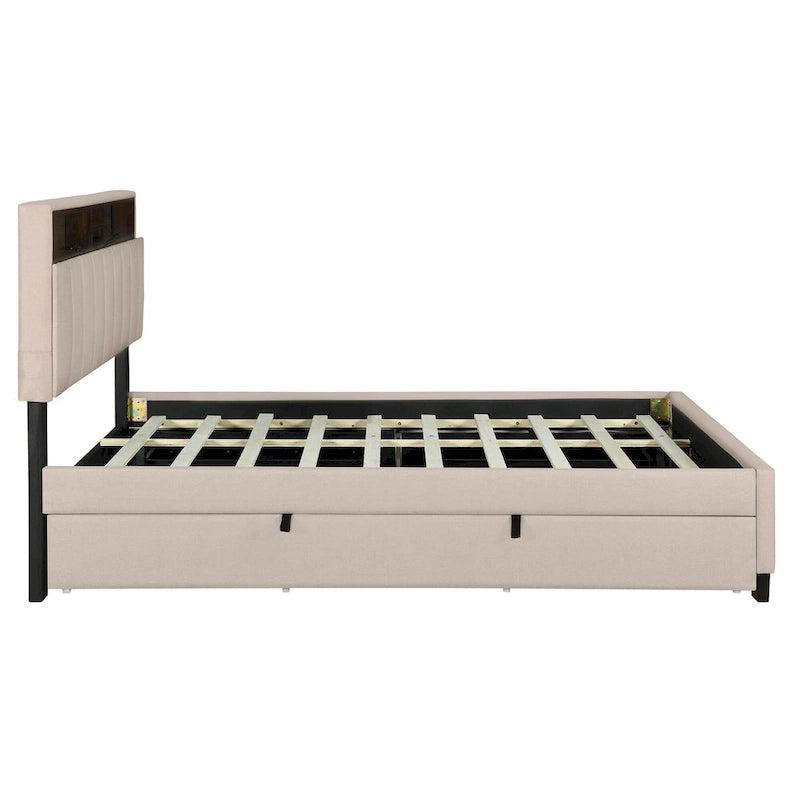Letto imbottito a piattaforma Full Size con rotelle e 2 cassetti, lino beige, per 2 persone