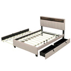 Letto imbottito a piattaforma Full Size con rotelle e 2 cassetti, lino beige, per 2 persone