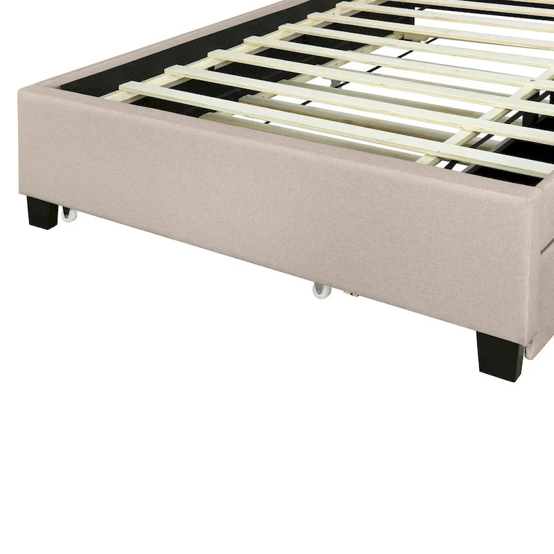 Letto imbottito a piattaforma Full Size con rotelle e 2 cassetti, lino beige, per 2 persone