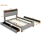 Letto imbottito a piattaforma Full Size con rotelle e 2 cassetti, lino beige, per 2 persone