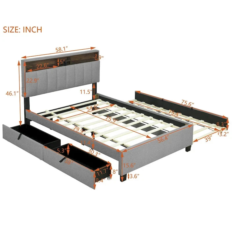 Letto imbottito a piattaforma Full Size con rotelle e 2 cassetti, lino beige, per 2 persone