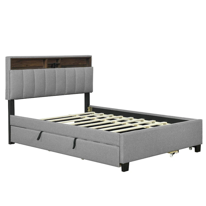 Letto imbottito a piattaforma Full Size con rotelle e 2 cassetti, lino beige, per 2 persone