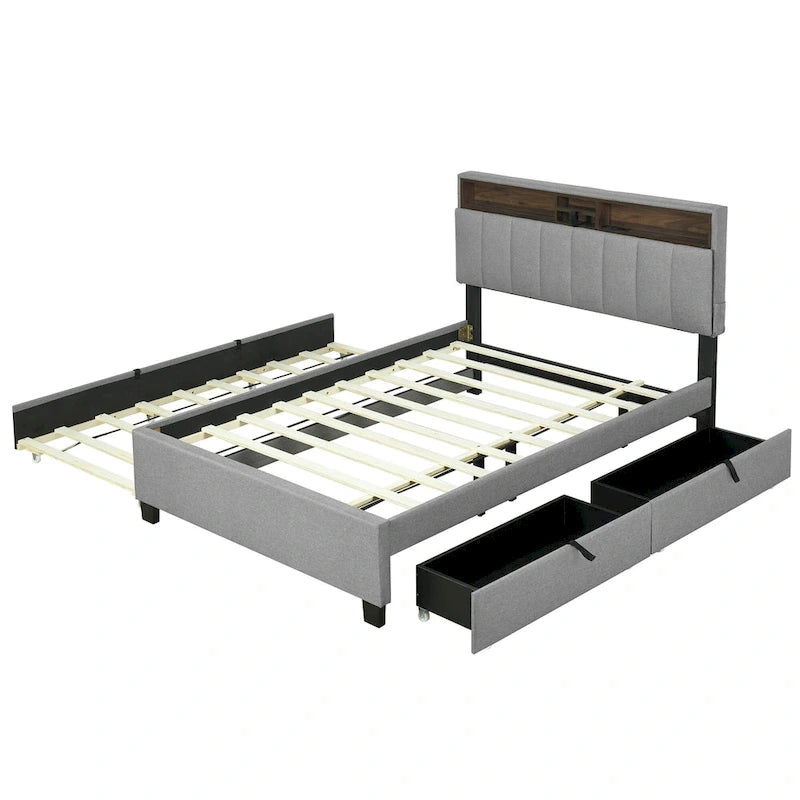 Letto imbottito a piattaforma Full Size con rotelle e 2 cassetti, lino beige, per 2 persone
