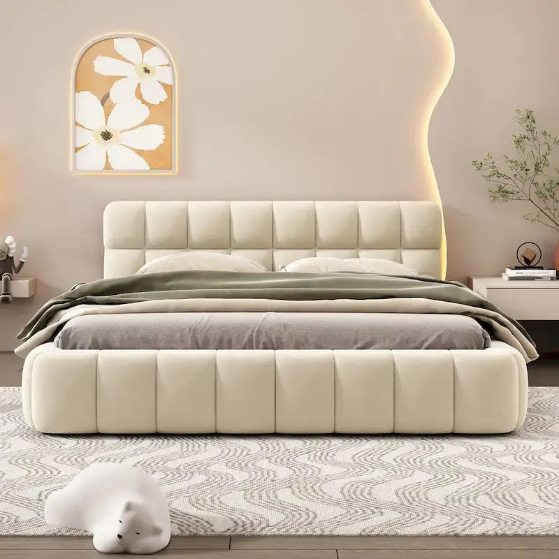 Letto imbottito a piattaforma, in lino beige, matrimoniale, 2 posti letto