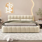 Letto imbottito a piattaforma, in lino beige, matrimoniale, 2 posti letto