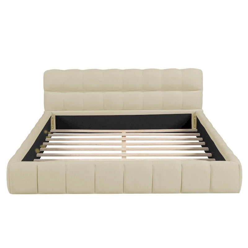 Letto imbottito a piattaforma, in lino beige, matrimoniale, 2 posti letto