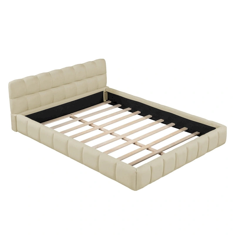 Letto imbottito a piattaforma, in lino beige, matrimoniale, 2 posti letto