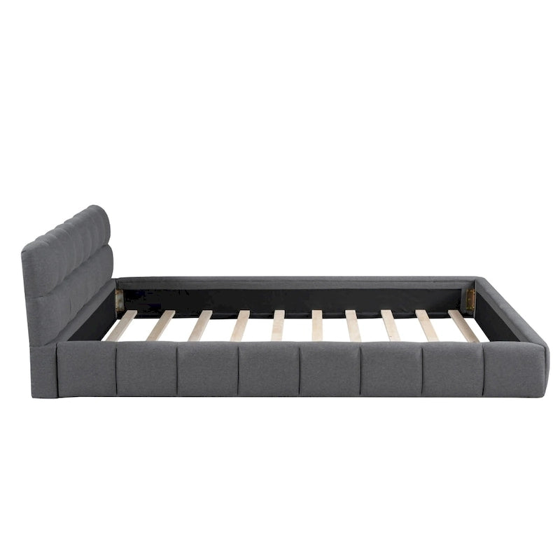 Letto imbottito a piattaforma, in lino beige, matrimoniale, 2 posti letto