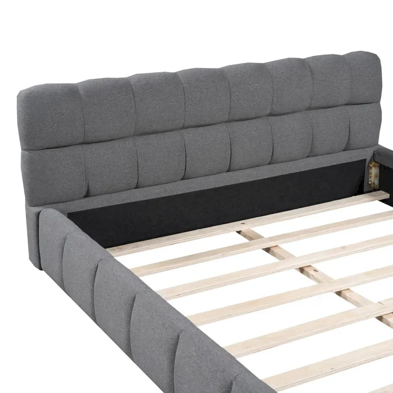 Letto imbottito a piattaforma, in lino beige, matrimoniale, 2 posti letto