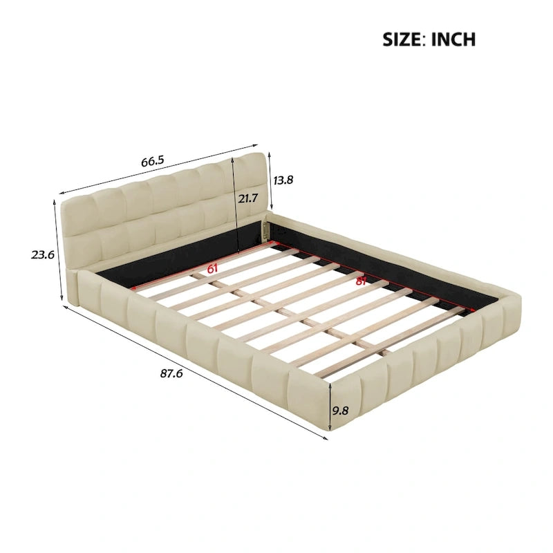 Letto imbottito a piattaforma, in lino beige, matrimoniale, 2 posti letto