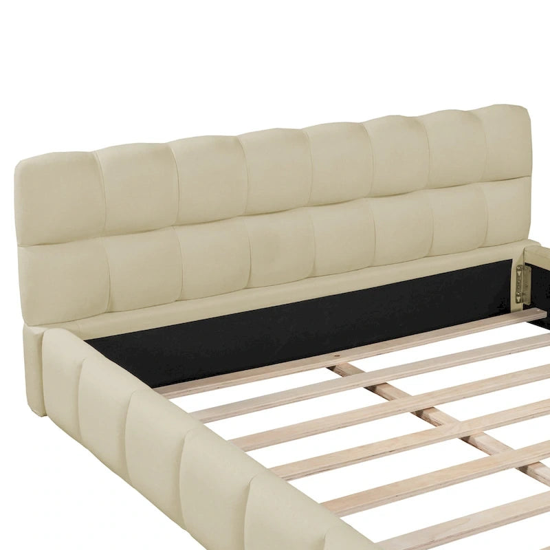 Letto imbottito a piattaforma, in lino beige, matrimoniale, 2 posti letto