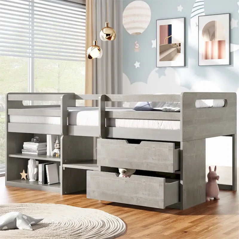 Letto a soppalco singolo antico grigio / espresso / bianco antico con 2 mensole e 2 cassetti - 1 persona