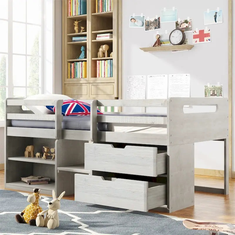 Letto a soppalco singolo antico grigio / espresso / bianco antico con 2 mensole e 2 cassetti - 1 persona