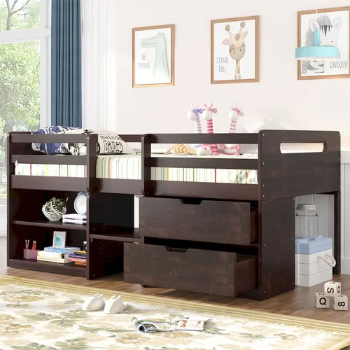 Letto a soppalco singolo antico grigio / espresso / bianco antico con 2 mensole e 2 cassetti - 1 persona