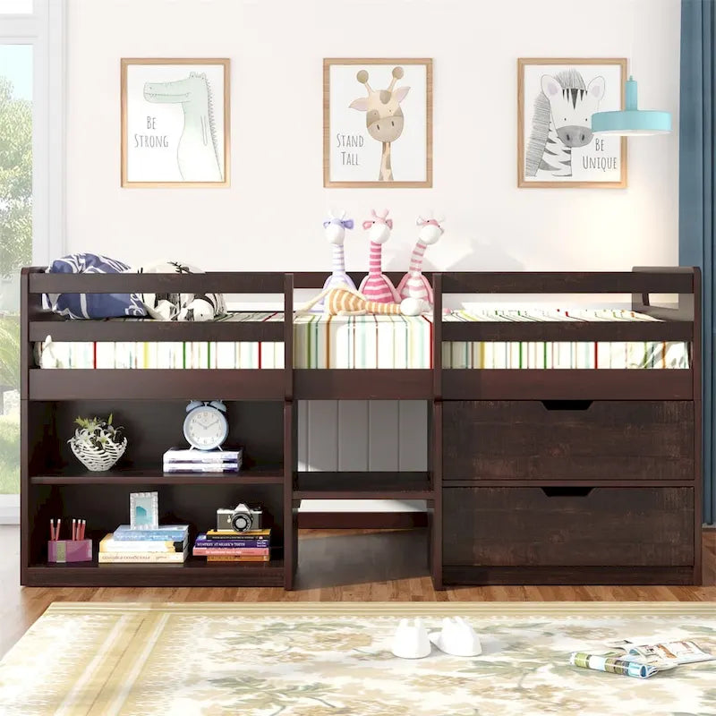 Letto a soppalco singolo antico grigio / espresso / bianco antico con 2 mensole e 2 cassetti - 1 persona