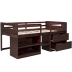 Letto a soppalco singolo antico grigio / espresso / bianco antico con 2 mensole e 2 cassetti - 1 persona