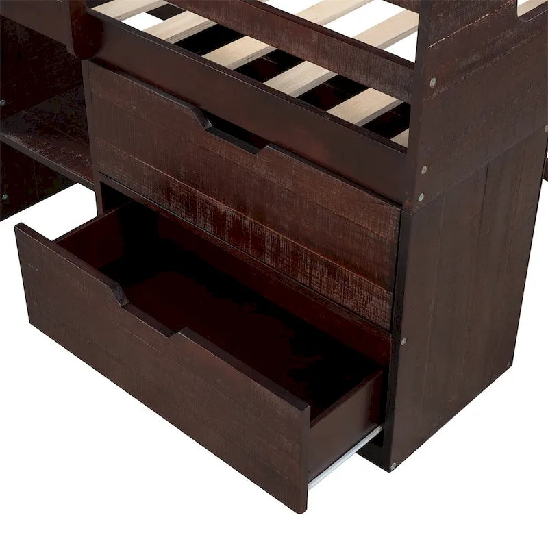Letto a soppalco singolo antico grigio / espresso / bianco antico con 2 mensole e 2 cassetti - 1 persona
