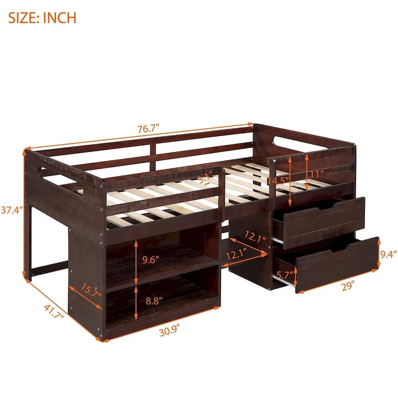 Letto a soppalco singolo antico grigio / espresso / bianco antico con 2 mensole e 2 cassetti - 1 persona