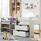 Letto a soppalco singolo antico grigio / espresso / bianco antico con 2 mensole e 2 cassetti - 1 persona
