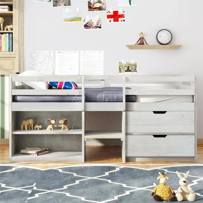 Letto a soppalco singolo antico grigio / espresso / bianco antico con 2 mensole e 2 cassetti - 1 persona