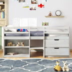 Letto a soppalco singolo antico grigio / espresso / bianco antico con 2 mensole e 2 cassetti - 1 persona