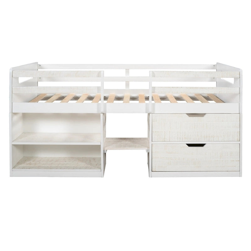 Letto a soppalco singolo antico grigio / espresso / bianco antico con 2 mensole e 2 cassetti - 1 persona