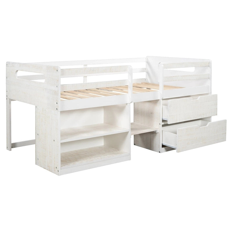 Letto a soppalco singolo antico grigio / espresso / bianco antico con 2 mensole e 2 cassetti - 1 persona