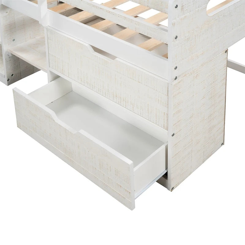Letto a soppalco singolo antico grigio / espresso / bianco antico con 2 mensole e 2 cassetti - 1 persona