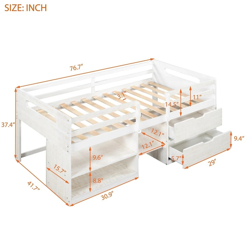 Letto a soppalco singolo antico grigio / espresso / bianco antico con 2 mensole e 2 cassetti - 1 persona