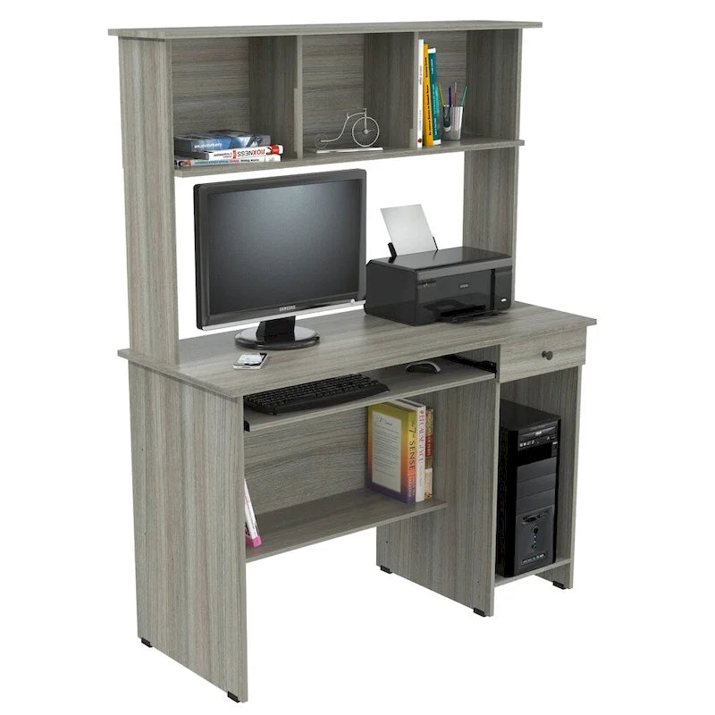 Scrivania da computer Smoke Oak con alzata, stile tradizionale, monoposto
