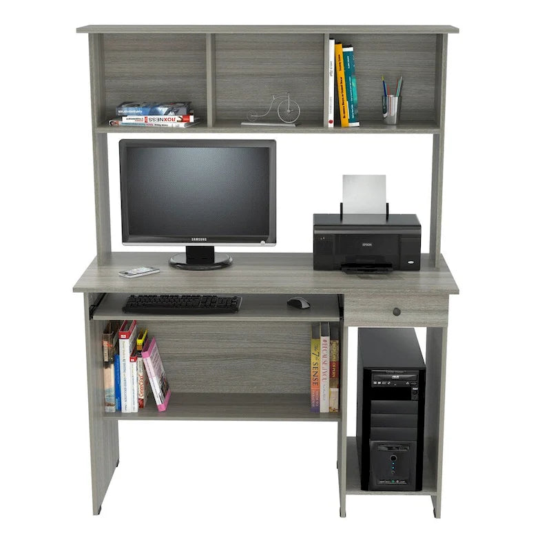 Scrivania da computer Smoke Oak con alzata, stile tradizionale, monoposto