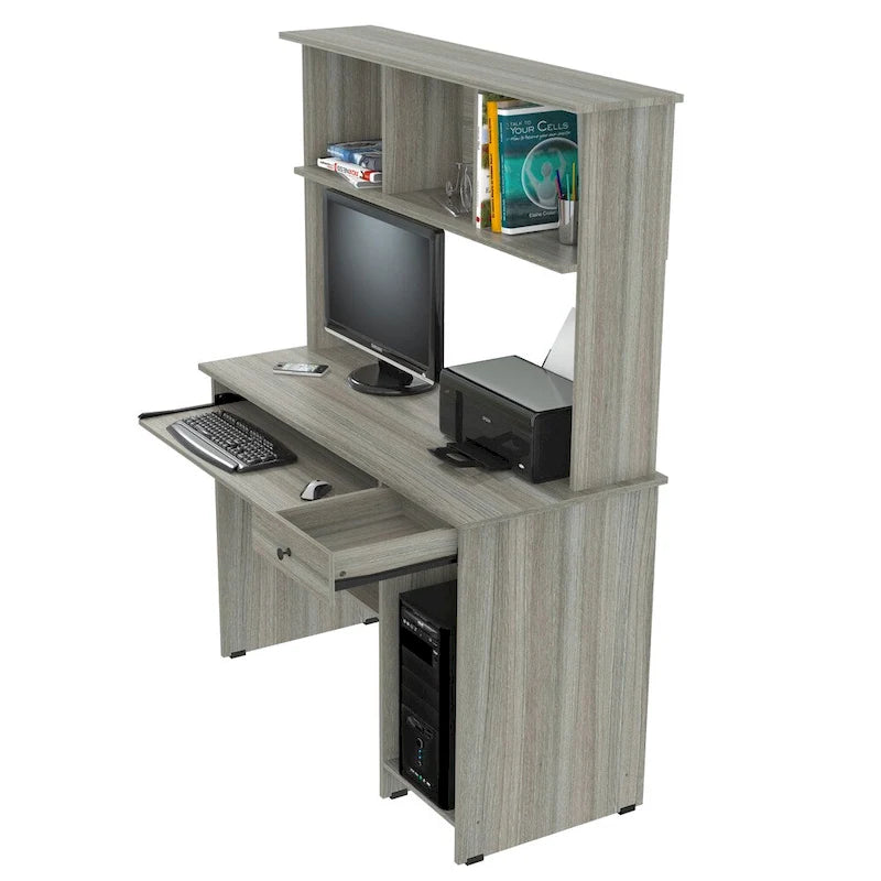 Scrivania da computer Smoke Oak con alzata, stile tradizionale, monoposto
