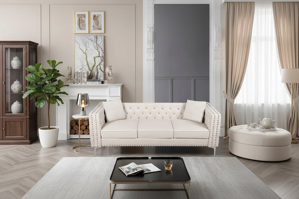 82.3 Width Modern Velvet Sofa Jeweled Buttons Tufted Square Arm Couch ,2 Pillows Included,Beige,4 colors