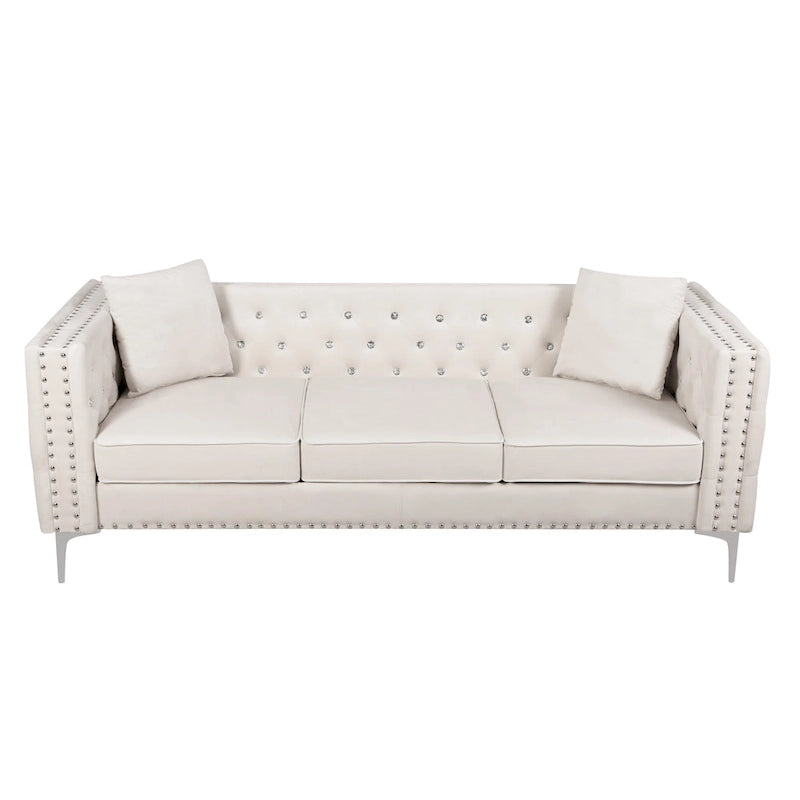 Divano 2 Posti con Braccioli Quadrati in Velluto Trapuntato Beige con Cuscini – Disponibile in 4 Colori