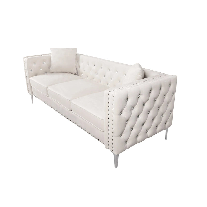 Divano 2 Posti con Braccioli Quadrati in Velluto Trapuntato Beige con Cuscini – Disponibile in 4 Colori