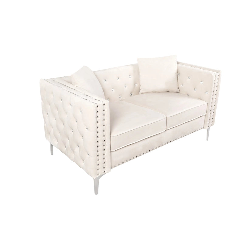 Divano 2 Posti con Braccioli Quadrati in Velluto Trapuntato Beige con Cuscini – Disponibile in 4 Colori