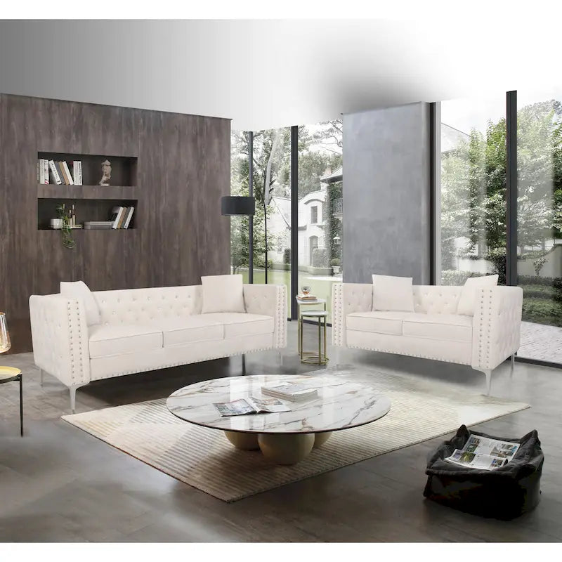 Divano 2 Posti con Braccioli Quadrati in Velluto Trapuntato Beige con Cuscini – Disponibile in 4 Colori