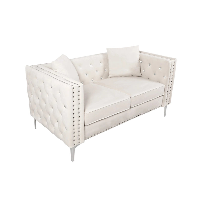 Divano 2 Posti con Braccioli Quadrati in Velluto Trapuntato Beige con Cuscini – Disponibile in 4 Colori