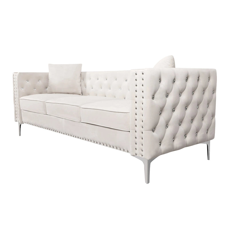 Divano 2 Posti con Braccioli Quadrati in Velluto Trapuntato Beige con Cuscini – Disponibile in 4 Colori