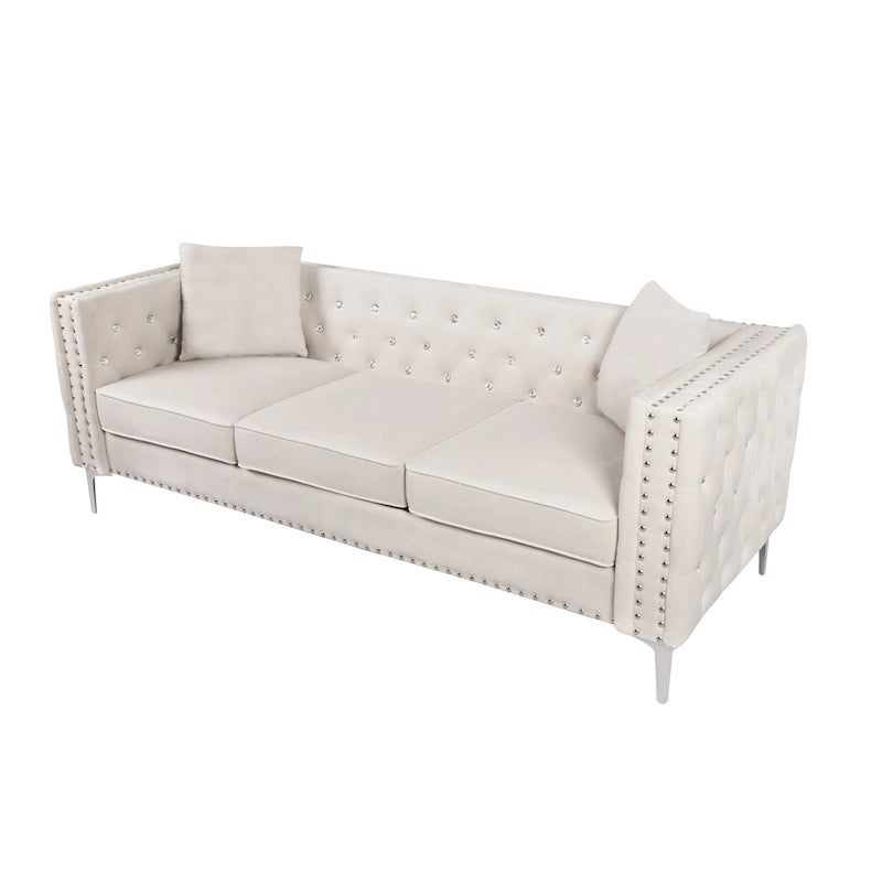 Divano 2 Posti con Braccioli Quadrati in Velluto Trapuntato Beige con Cuscini – Disponibile in 4 Colori