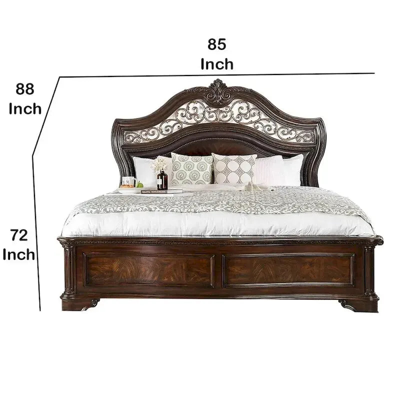 Struttura letto king marrone con testiera intagliata, singolo