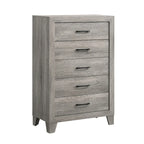 Comò alto moderno a 5 cassetti color grigio Driftwood con maniglie in metallo
