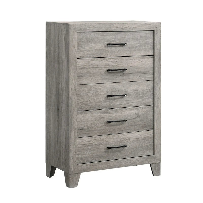 Comò alto moderno a 5 cassetti color grigio Driftwood con maniglie in metallo