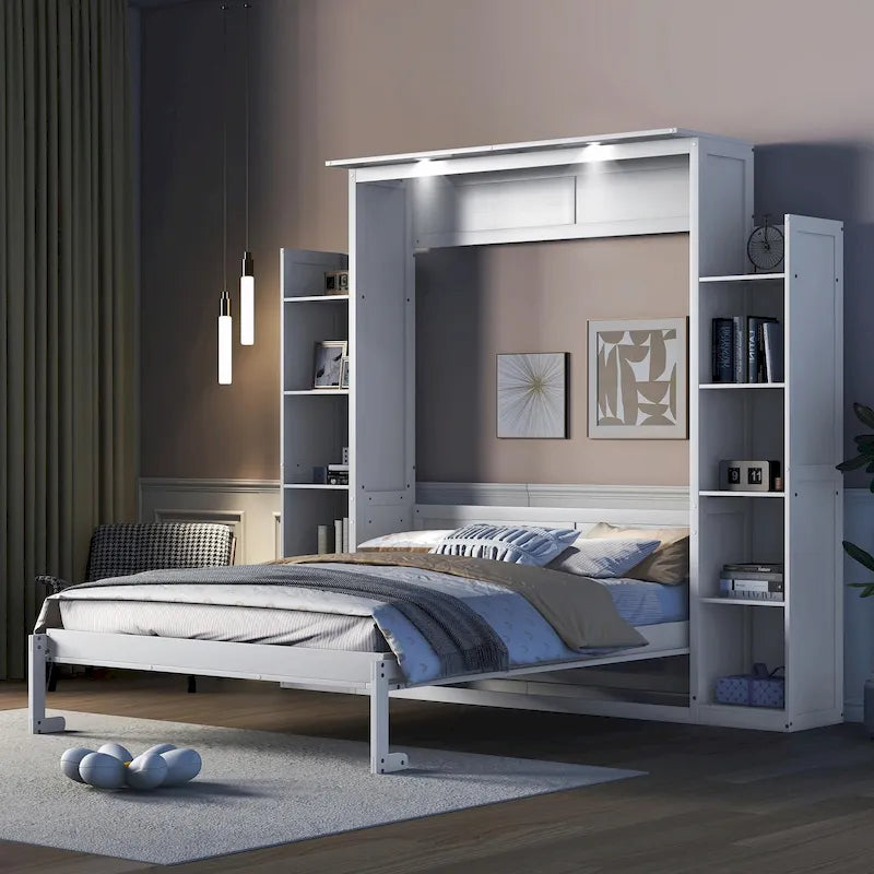Letto a scomparsa matrimoniale bianco/grigio con mensole e luci a LED, 1 persona