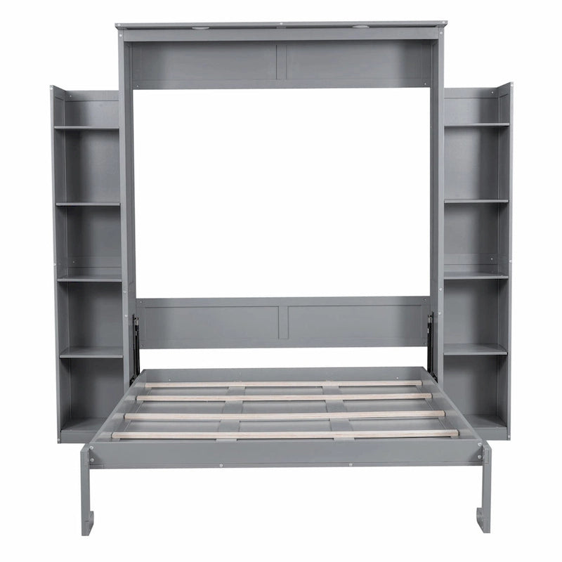 Letto a scomparsa matrimoniale bianco/grigio con mensole e luci a LED, 1 persona