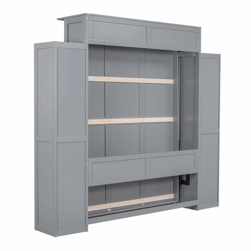 Letto a scomparsa matrimoniale bianco/grigio con mensole e luci a LED, 1 persona