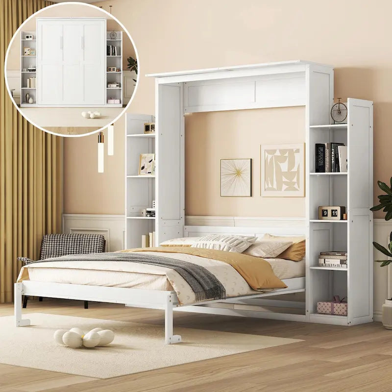 Letto a scomparsa matrimoniale bianco/grigio con mensole e luci a LED, 1 persona
