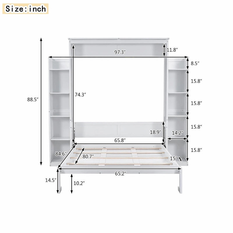 Letto a scomparsa matrimoniale bianco/grigio con mensole e luci a LED, 1 persona