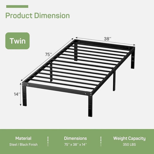 Struttura Letto in Metallo Nero, Nessuna Rete a Molle Necessaria, 14" di Spazio Contenitore Sotto il Letto, Singolo/Piazza e Mezza/Matrimoniale/King Size