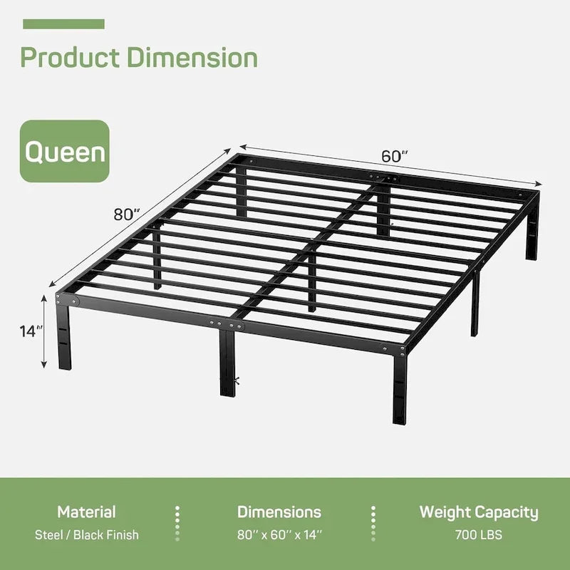 Struttura Letto in Metallo Nero, Nessuna Rete a Molle Necessaria, 14" di Spazio Contenitore Sotto il Letto, Singolo/Piazza e Mezza/Matrimoniale/King Size